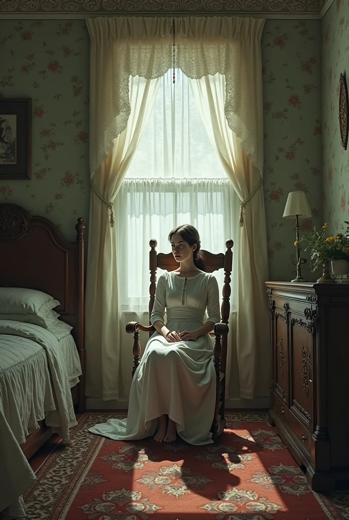 (RAW photos, top quality, realistic, photorealistic: 1.3, professional lighting, Old derelict mansion interior, old dusty green furniture, peeling wallpaper and vivid coloured Roses wallpaper torn and fryed, A painting hangs slanted on the wall, wide view, mystic light,(masterpiece:1.2) (photorealistic:1.4) (Wide angle view along the wall) (A living room in a old decaying mansion) A Beautiful 6 woman sites on the sofa, woman is wearing a white cotton dress,Ultra-realistic, no contrast, clean sharp focus, professional, No blurring