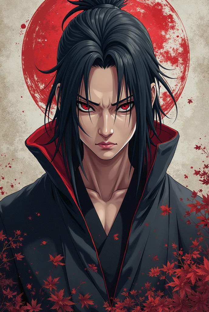 (masterpiece, best quality:1.2), red theme, solo, male focus, 1boy, uchiha itachi, expressionless, closed mouth, looking at viewer, without forehead protector, ninja, cloak, high collar, jewelry, necklace