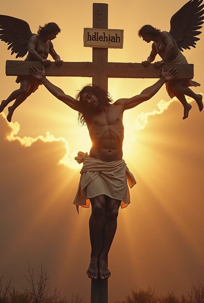 Draw Jesus crucified on the cross with his chest and stomach mutilated by torture