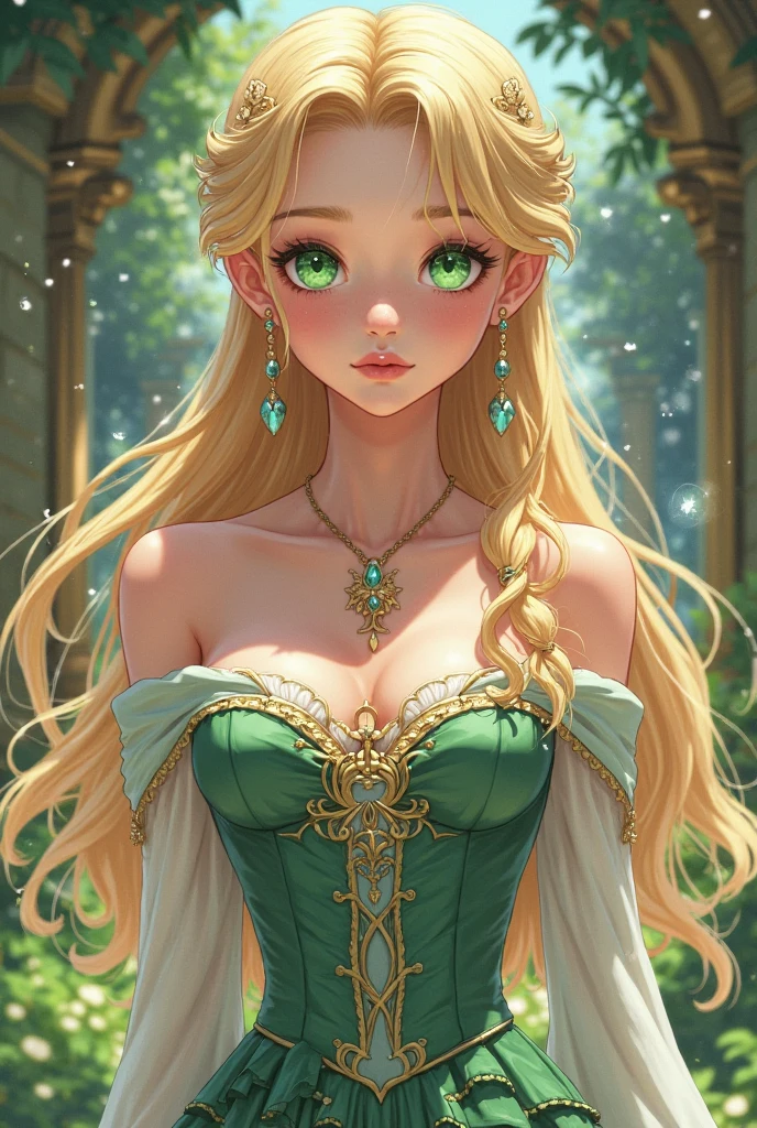 work of art, ultra creative, epic details, ultra detaild, best resolution, Woman, blonde, (Beautiful nymph), crown with crystals ((rosto angelical)), sculptural body, clothes made with green leaves, ((perfect hands))), scenario:Enchanted Forest, (supper: running among the roses, wildflowers),  no mistakes, (((epic details na face))), (((ultra perfect eyes)))