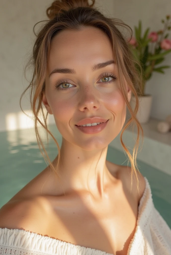 brunette woman, gorgeous, bun hairdo, provocative smile, green eyes, sculptural and perfect body, huge tits, she's half-chested in the pool