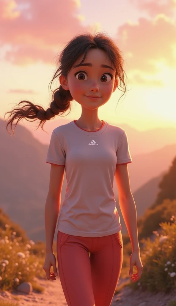 Girl standing under the sun after her morning running her face so serious in expression. Close up. High quality Pixar realistic image. 4k