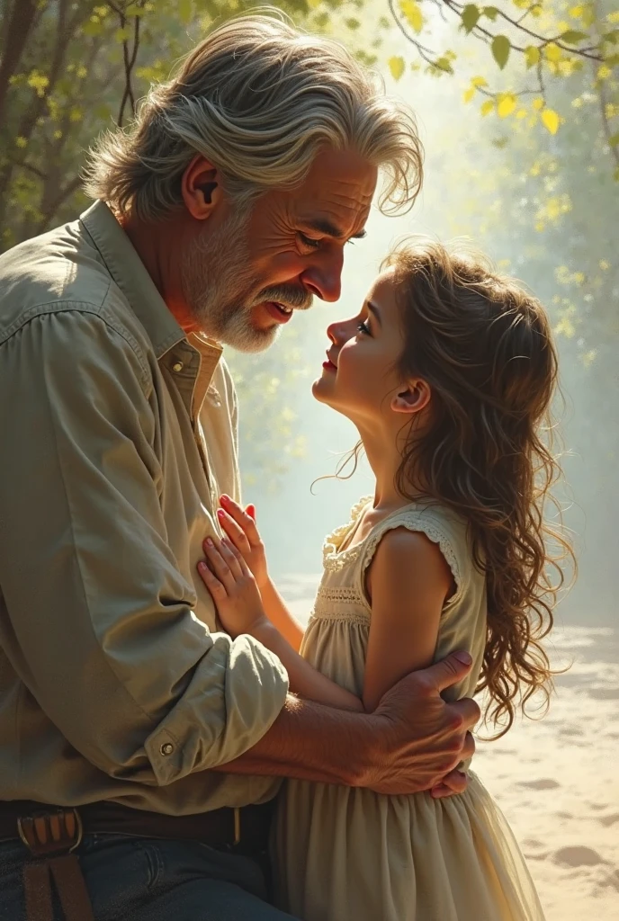 a loving father, Father's Day, father and daughter, heartwarming moment, paternal bond, ultra-detailed masterpiece (1.2, 8k highres), photorealistic, realistic, warm lighting, soft focus, beautiful colors, vibrant hues, tender mood, sentimental, cinematic – this image captures a tender embrace between a loving father and his daughter during golden hour. The father's gentle smile, tenderly holding his daughter's hand, emanates a heartfelt emotion as they share a beautiful family portrait. The warm lighting filters through the soft focus, bathing the picture in a loving relationship that radiates a palpable paternal bond