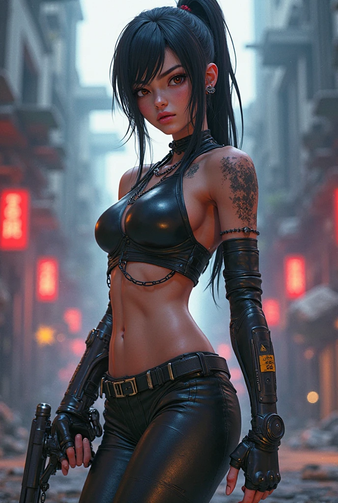 Niko Robin is re-imagined as a neo-samurai female warrior, her body sexy and wearing high-tech samurai armor that glows with neon yellow accents. Her iconic long hair is loose but with interwoven metal strands giving a futuristic impression. Ancient dragon symbol tattoos glowed faintly on his chest and arms. Nicorobin's eyes were sharp and focused, reflecting the wisdom and strength of a seasoned warrior. In his hand, he held a shining energy katana, with energy swirling around it. The background is a cyberpunk cityscape with towering skyscrapers and floating kanji symbols, combining traditional Korean elements with a futuristic atmosphere. The color palette is dominated by navy, black and neon highlights, creating a strong and modern warrior aesthetic."