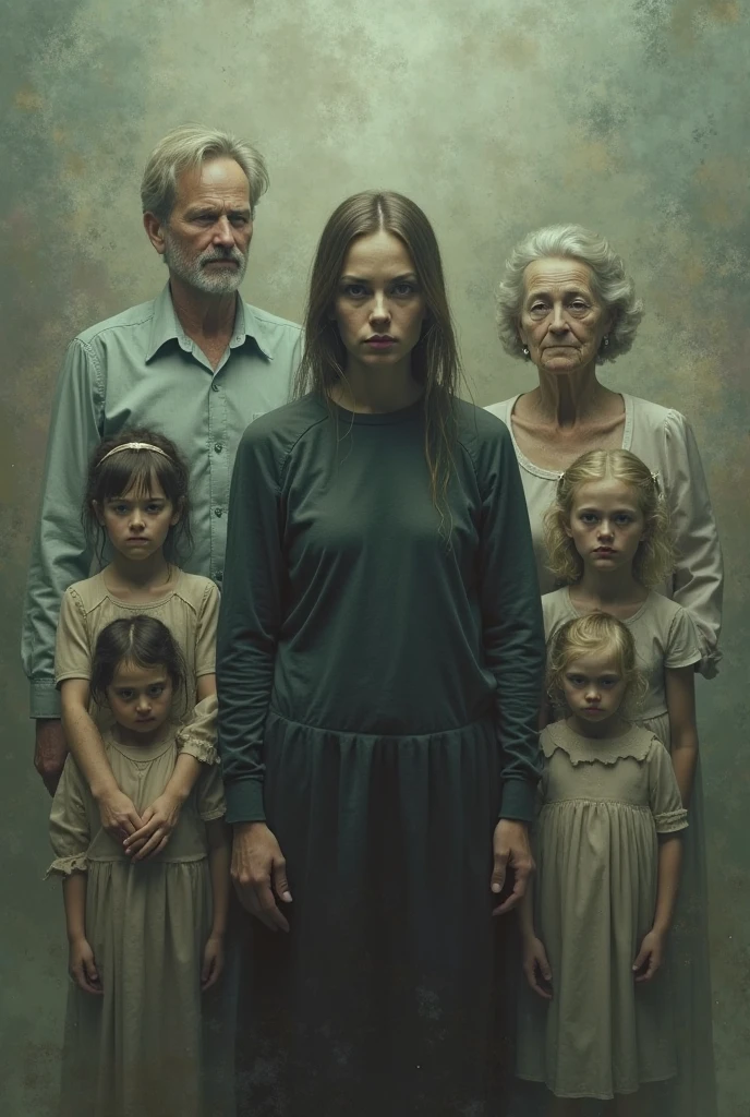 arafed image of a family of five sitting in a foggy room, by Artur Tarnowski, mourning family, children born as ghosts, family, ghost children, by Pablo Munoz Gomez, eerie nostalgic concept art, spiritual eerie creepy picture, family portrait, by Alejandro Obregón, by Pablo Carpio, by Pedro Pedraja