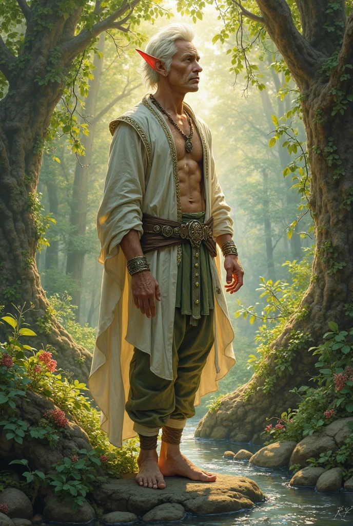 (one male), (upper body), (front view), (looking at viewer).
Very detailed manly face, heroic, detailed realistic open eyes, (muscular:1.5), (muscular male), (massive pecs), narrow waist and hips, (slight smile).
Wearing a (loin cloth) with a big (bulgerk-soft:1.0), bulge at the crotch, bulge, (shirtless) (topless male).
View in a dense forest forest clearing. Many large trees, bushes, shrubs, flowering plants, a stream.
High Contrast, High Saturation, Highly detailed, high quality, masterpiece, ethereal, volumetric light, light rays, vibrant colors, depth of field.
<lora:BeautifulEyes:0.9>
 <lyco:[LoHa] Pastlight 暉光 Concept Style(With multires noise version):1>