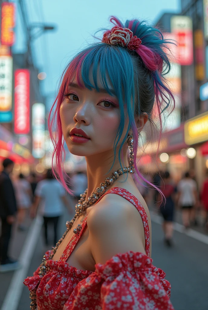 (8k, RAW photo, masterpiece:1.3), (realistic, photo-realistic:1.37), (night), (looking at viewer:1.331), (bloody hair), posing, Tokyo street, nightcityscape, cyberpunk city, soft light,  girl, extremely beautiful face, bust, put down hands, Random hairstyle, Random expression, big eyes, lower abdomen, (), JK_style, (dark blue short JK_skirt), (bow JK_tie), mix4., best quality