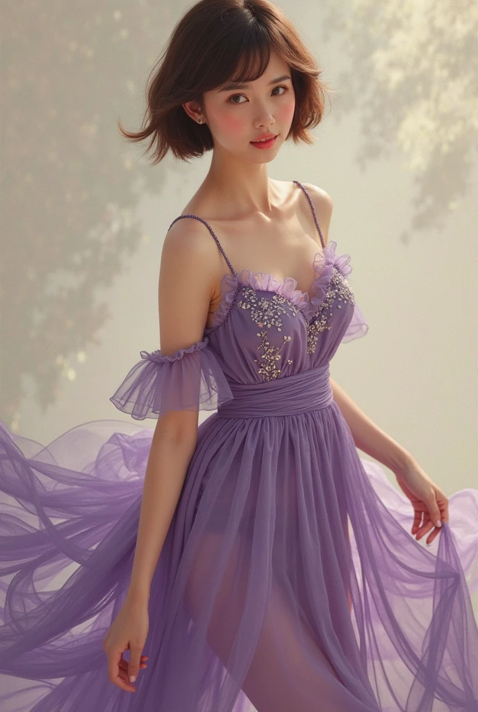 Arapé woman sitting at table wearing purple dress, celestial fairy tale, very magical and dreamy, dreamy and heavenly, Subtle and dreamy, A lovely and languid princess, fantasy dress, magic dress, Soft and elegant gowns, dreamy style, heavenly beauty, very subtle, wearing an organza gown, bright purple, incredibly heavenly, wearing a purple romantic tutu, romantic gown, lavender blusher