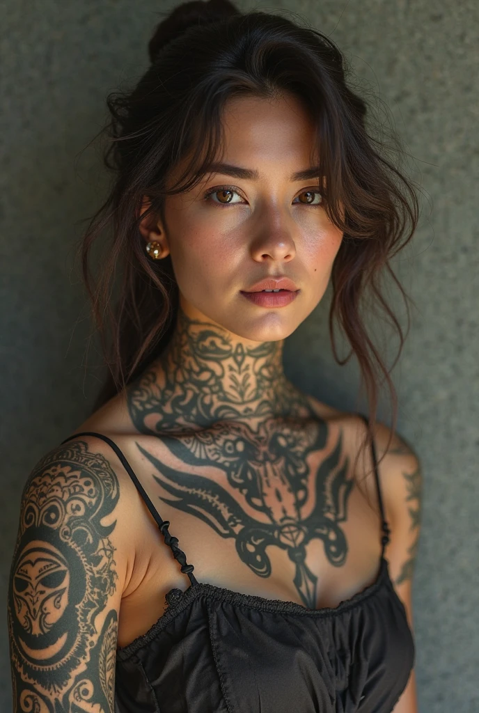 [[The face is rich in detail]], [[Goddess face]], A gangster girl, Showing all her tattoos, Full body image, She has tattoos all over her body, Black long hair, High-quality images, Unreal Engine, Perfect skin texture, Goddess face