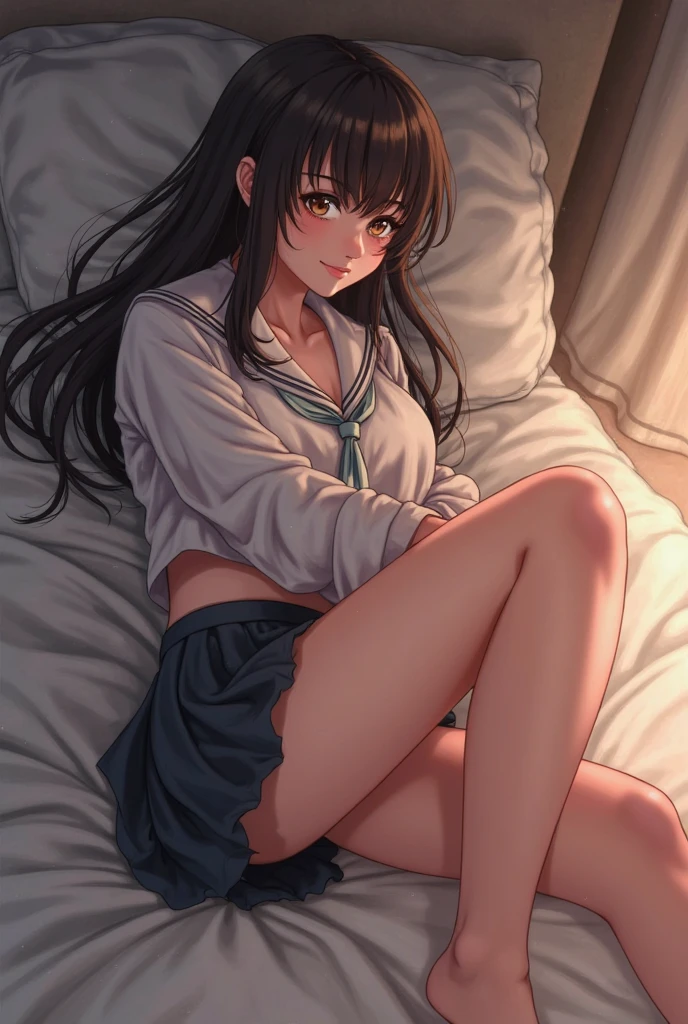 (masterpiece, highest quality), (high resolution, details),
anime, line-art, flat shading,depth:1.2,

Solo: 1.2, female,(detailed face:1.2),(detailed hair:1.2),,(detailed eyes:1.2),
(School uniform: 1.5), Baggy socks,
(Unruly hair, voluminous hair),breasts,
(Beautiful thighs: 1.0),

lie down,lie down on back,on bed,