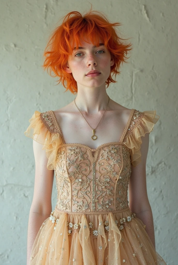Kate Mara, age 25 (sun elf, almond skin, fire red hair curly, over large violet eyes, sheer golden silk gown with intricate embroidery, no underwear) doing a ritual dance (large exaggerated ballet like movements) to greet the sun, ivy covered shrine, show her from head to toe
