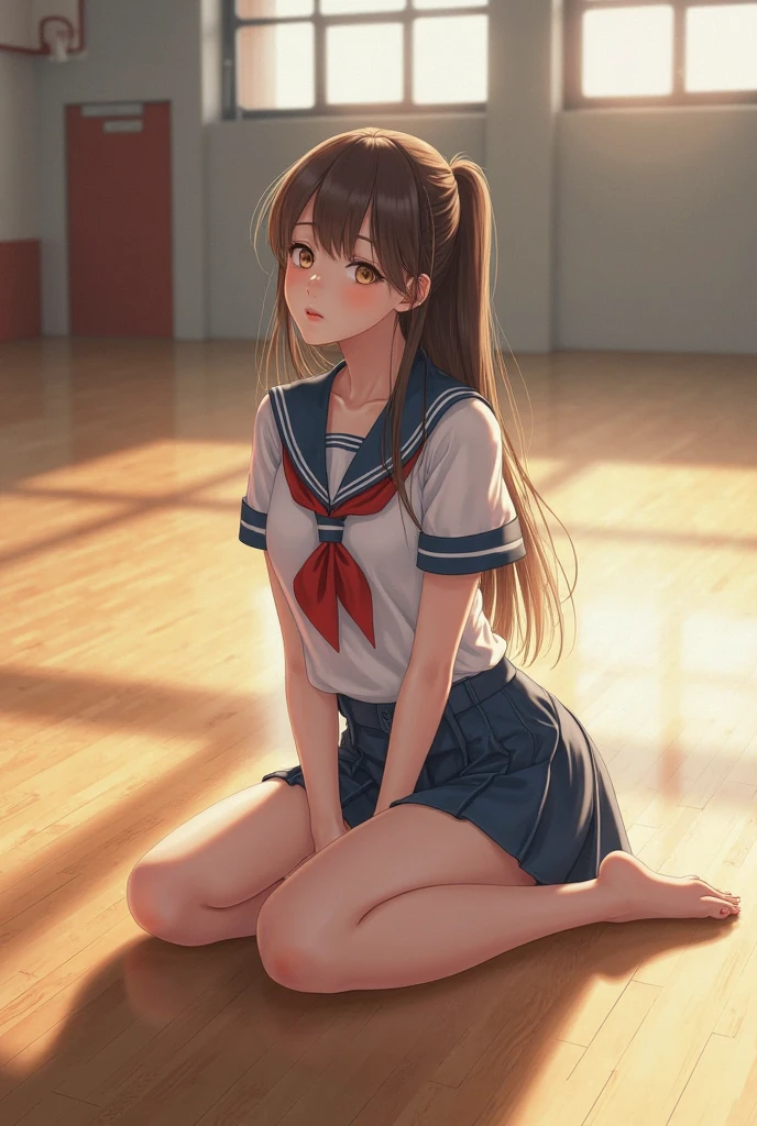A 17 year old girl with brown hair in a ponytail,slender body,sailor suit, dark blue collar, white shirts, short sleeve, school, dark blue skirt, black skirt,rage,socks,sneakers,(best quality,4k,8k,highres,masterpiece:1.2),ultra-detailed,(realistic,photorealistic,photo-realistic:1.37),portrait