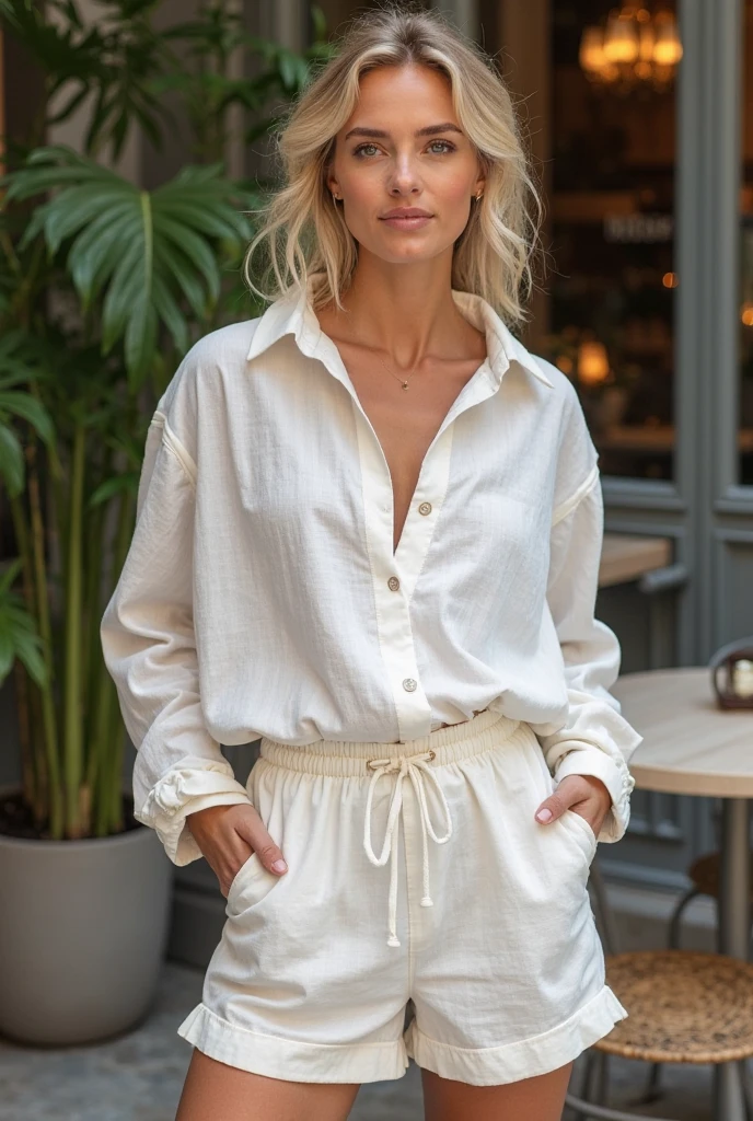 (realistic, photorealistic), cinematic photo realistic, <lora:quiron_KatjaKean_v15_lora:0.67> KatjaKeanQuiron woman wearing Tie-neck blouse and Linen pants: Lightweight, breathable pants made from linen fabric, ideal for warm weather., blonde hair, . 35mm photograph, film, bokeh, professional, 4k, highly detailed, (high quality skin), (high detailed face skin), (realistic iris), (realistic pupils), (skin pores), (skin imperfections:0.27),