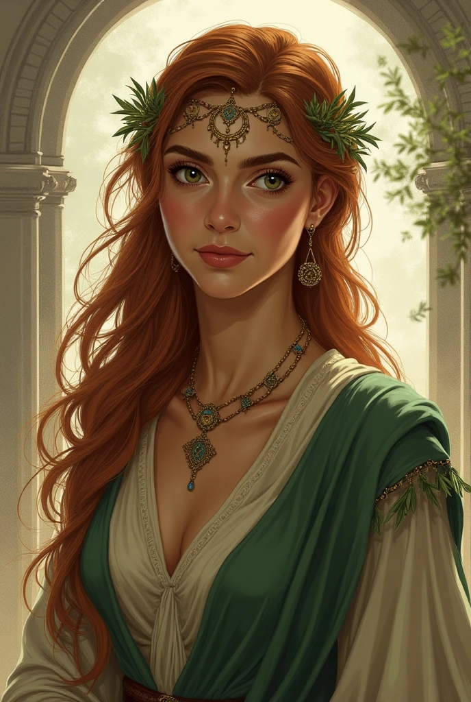A Celtic queen stands alone, her regal and serene expression piercing through the air with her piercing green eyes. She is adorned with intricate golden jewelry and an ornate crown with Celtic motifs. Her flowing red hair is braided and adorned with delicate flowers, creating a masterpiece of the highest quality. --auto --s2