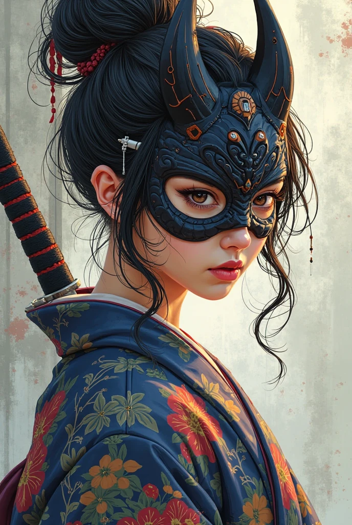 Full body image of a short haired woman wearing a kitsune mask, katana in samurai hand