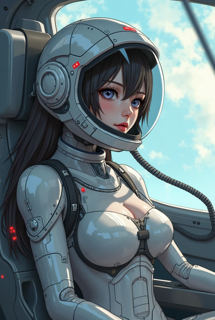 (masterpiece, top quality, best quality, official art, beautiful and aesthetic),1 girl in pilotsuit in a retro spacecraft,hovering in air,from below,helmet,cutout bodysuit,spaceship in space,<lora:Clothing -:0.9>,<lora:spacecraft-000002:0.7>,