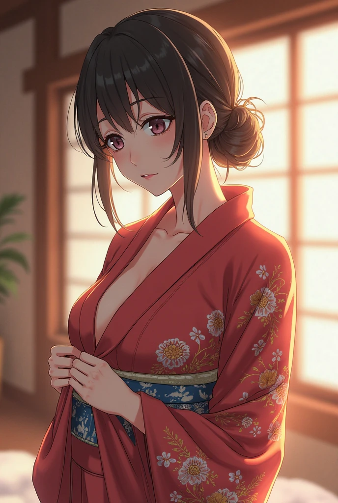 tmasterpiece, hoang lap , (Complicated details), (rich colourful), 电影灯光, the Extremely Detailed CG Unity 8K Wallpapers , Hinata flower proportions, 1girll, 独奏, orange kimono, Red hakama skirt, obi strip, Wide sleeves, looking at viewert, Keep one's mouth shut, ventania, Combat posture, cleavage,Off-the-shoulder attire,Large breasts