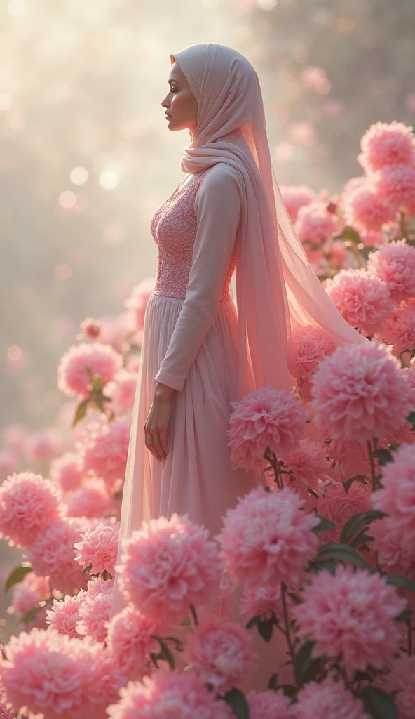 surreal fantasy photo:1.4, (vibrant:1.2), (whimsical:1.2), (dreamlike:1.2), high saturation, bright colors, ethereal lighting, dynamic movement, wide-angle, imaginative, otherworldly, colorful flora, flowing fabric, 24mm lens, f/4, fantastical, enchanting, a hijab woman in white, in a flowing white dress in a vibrant, fantasy-like environment