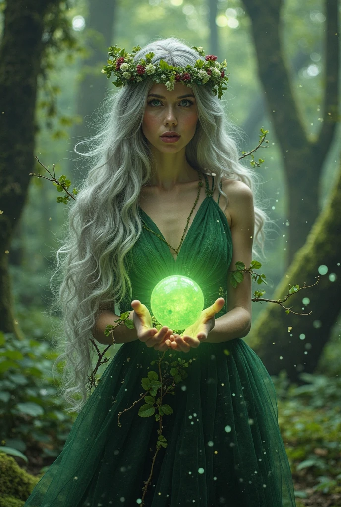 a dryad at her Grove, Greek mythology, bilateral symmetry, (green shiny eyes:1.2, Bioluminescence leaf pattern:1.3), green glowing particles, Bioluminescence green hair, seductive, flowers, mushrooms, falling leafs, dark,harmonic, fantasy, surreal, masterpiece, best quality, ultra-detailed, highly detailed textures, (nsfw) <lora:detail_slider_v4:1.8>