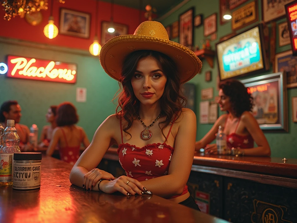 A 27-year-old woman stands confidently inside a retro-style bar in the Lamarck District. Her dark hair is styled in loose waves, framing her delicate face and highlighting her striking slavic features. She is dressed in a chic, contemporary outfit that combines bold, bright colors with intricate patterns, making her stand out in the vibrant setting. Her expressive eyes convey a mix of fierce confidence and seductive allure, captivating everyone around her. Her flawless skin glows under the ambient lighting, accentuating her high cheekbones and perfectly sculpted lips. She exudes an aura of power and charm, effortlessly blending elegance with modern style. The woman’s expression is one of happiness and arousal, reflecting the lively energy of the bar. Her posture is relaxed yet commanding, as she navigates through the crowded space with ease. She embodies the essence of a modern muse, a living work of art that enhances the dynamic atmosphere of the retro bar. Her presence brings a touch of magic to the scene, making her the focal point of the lively Lamarck District. The scene is set inside a retro-style bar located in the vibrant Lamarck District. The bar is a nostalgic haven, filled with vintage decorations and lively patrons. Retro signs and neon lights adorn the walls, casting a warm, inviting glow. The bar stools and tables are a mix of wood and metal, adding to the eclectic charm. A classic jukebox plays tunes from a bygone era, setting the perfect backdrop for the lively conversations that fill the air. The shelves behind the bar are lined with a colorful array of beverage bottles, while cocktail shakers and glassware gleam under the soft lighting. The floor is a mosaic of tiles, adding to the vintage appeal. The bar is bustling with activity, as bartenders mix drinks and serve customers with a smile. Booth seating and cozy nooks provide intimate spaces for patrons to relax and enjoy their drinks. The walls are adorned with a mix of art.
