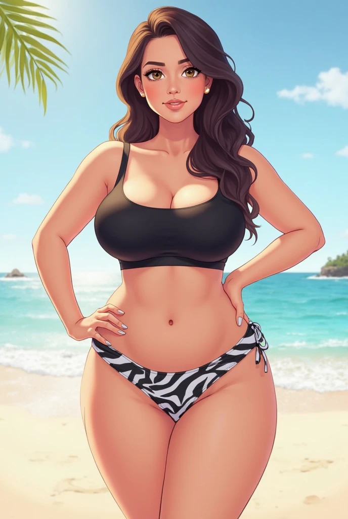 masterpiece, best quality, 1girl, beautiful business woman with wavy hair, dark plum hair, large breasts, wide hips, slim body, athletic body, muscle, abs, pink bra, black maxi pencil skirt, sandals, cleavage, midriff, waist, hip bones, beach, ocean waves, looking at viewer, full body, messy hair, sweatdrop, very sweaty, full-face blush, light smile, awkward, necklace, gold bracelet, wide-eyed, wet,