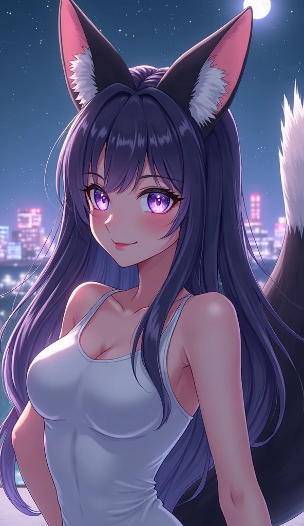 Close up, upper body, 1 girl, smile, wolf ears, wolf tail, random eyes: 10, hair between eyes, split color hair: 5, (((Colorful hair color: 1))))), (((Random hair color: 1)))), Colorful hairstyle: 5, Striped hair, Long hair, hair end jewels, (Cute random Cadeza tank top: 5 random hot pants figure in 5Cute interior with super luxurious bedroom with jewels, AI: 5, (on the bed: 15), laughing embarrassingly looking at the viewer: 15), jewels, AI super luxurious bedroom: 15), blush, night landscape,