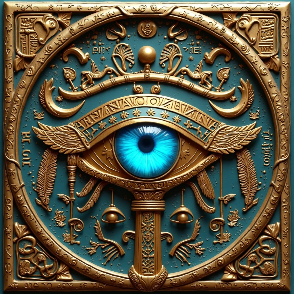 This intricately detailed digital artwork features a central, strikingly realistic blue and amber eye, framed by elaborate ornamental designs. The eye, sharp and vivid, sits at the heart of a fantastical, symmetrical structure reminiscent of ancient mystical symbols. Surrounding the eye is an ornate framework that merges elements of both organic and mechanical design. The framework extends outward into gracefully curved, horn-like appendages and is adorned with various symbols and intricate patterns. Balanced scales hang on either side of the eye, symbolizing justice and balance. The overall aesthetic is a blend of the surreal and the baroque, characterized by a rich, bronze-like metallic texture and an otherworldly, almost mythological quality.