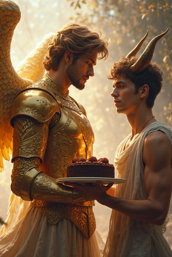 couple of men, one with golden aura curly hair wearing a golden mask with cupid wings bow arrow kisses a bearded and strong handsome Young wizard, background inside a medieval tower