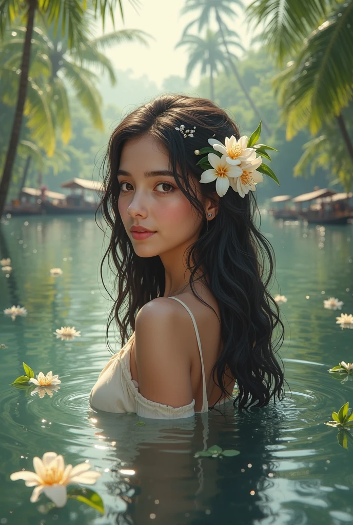stunning realistic picture, masterpiece, high detail, small strokes, positive and joyful tones, use natural color, chic white swimsuit transparent visible (nipples and pussy:1.6), (wet swimsuit tightly stuck to the body:1.5), in front of me, (in a pose like a yogi sits:1.3), under streams of water and drops against the backdrop of a waterfall, white lilies on the water, (hands above head:1.6) She straightens her hair, видно pubic hair in women, open beautiful eyes looking at me, slightly smile , brut style art, characterized by bright and delicate colors, thick textured paint, intense black strokes, and amazed details ral-drptpl , I look up from the surface of the water