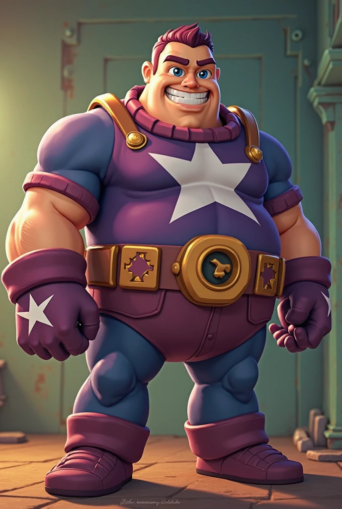 allenalien2023, muscular, orange skin, cyclops, 1eye, violet costume, white pants, collar, utility belt, bracers, greaves, three fingers, looking at viewer, serious, grin, full body shot, space, earth background, extreme detail, masterpiece, <lora:allenalien2023:1>