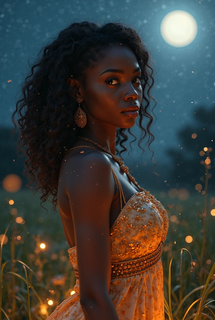 Very blond Curly hair blond, Toffee color skin, beautiful caribean toffee mixed girl with long blond curly hair and extremely detailled clear yellow eyes , sexy curvy full body, she have beautiful feet and hand, Sitting on the grass in the middle of the tall grass with a few twigs of wheat, firefly flies everywhere, She wears a sexy long top with a black veil sleeve and black skirt, she wears black beautiful Lace-lace sandal ,night