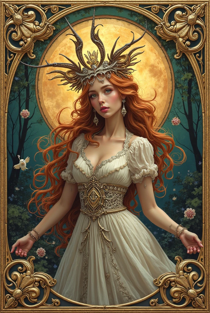 Bold graphic illustration, glowing filigree constellation tattoos, dark fantasy, full body shot of a lovely curvy voluptuous busty white woman with red dreadlocks on a throne in a enchanted forest