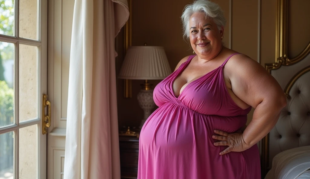 ((best quality)), ((Masterpiece)), (details), old maid, My hair started turning white....,  purple eyes, Still beautiful, Youthful look, Age 60, big breasts, No dress on.., seductive pose, pregnant,bathroom, Have a smile,