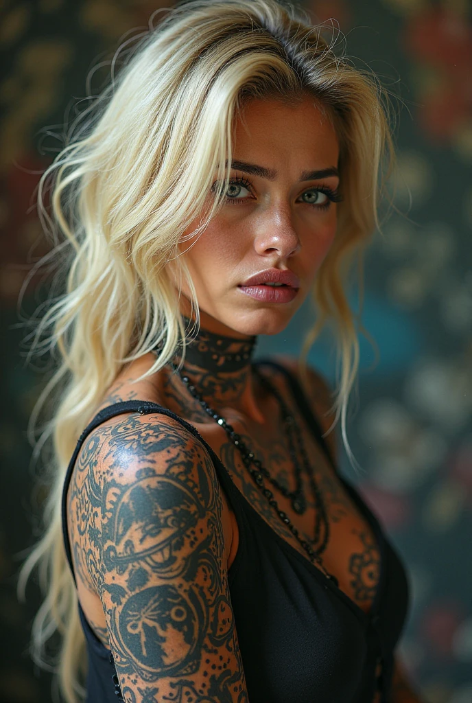 Create a hyper detailed photograph of a hrgiger tattooed muscular young sexy women, Stunningly perfect gorgeous face, perfect makeup, detailed vibrant eyes, platinum blonde dutch hair, big beautiful muscular legs, big beautiful muscular arms, big bac muscles, muscular abs, yoga outfit, detailed smooth skin, big breast, big muscular ass,