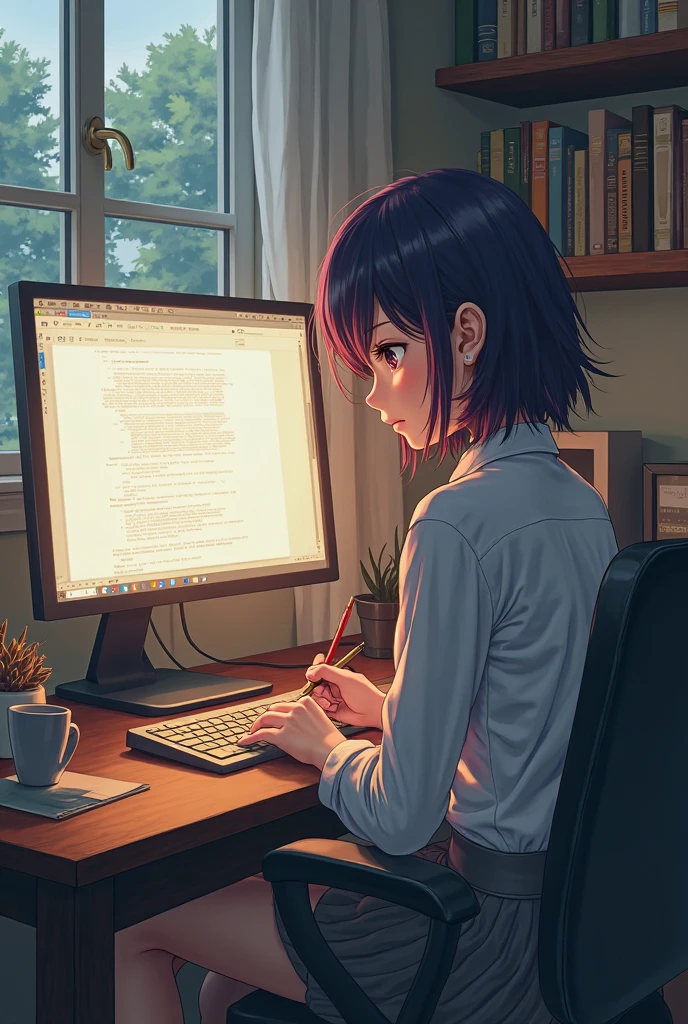 beautiful girl at computer feet close up(anime style)
