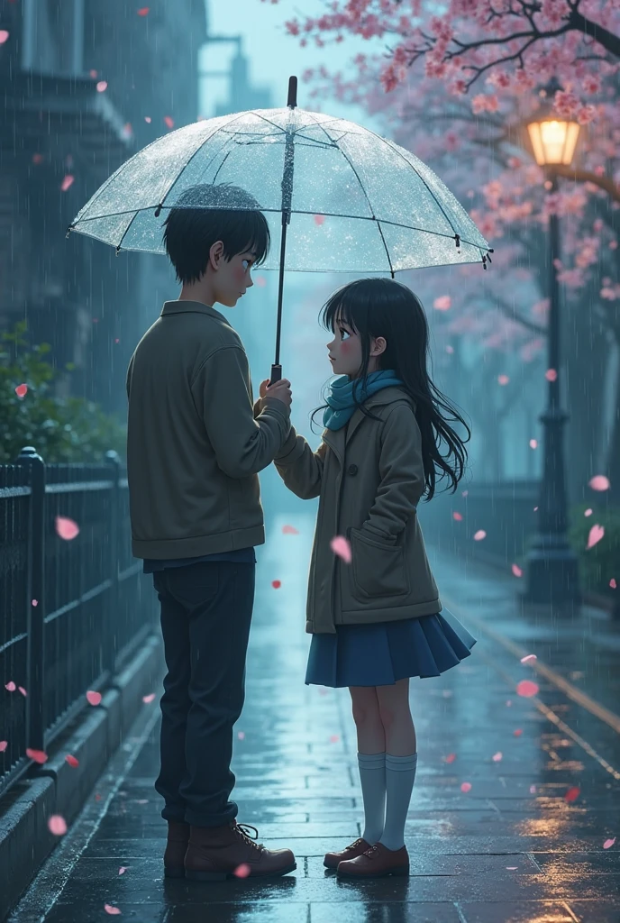 With the manhua drawing of Chinese comics. Draw a picture of a boy (White skin, High ráo, Pretty trai, wear gym uniform long pants) holding umbrella for girl (White skin, Pretty, wear gym uniform long pants). From afar there is another guy (White skin, High, Pretty trai, wear gym uniform long pants) standing looking at them. Rainy scene