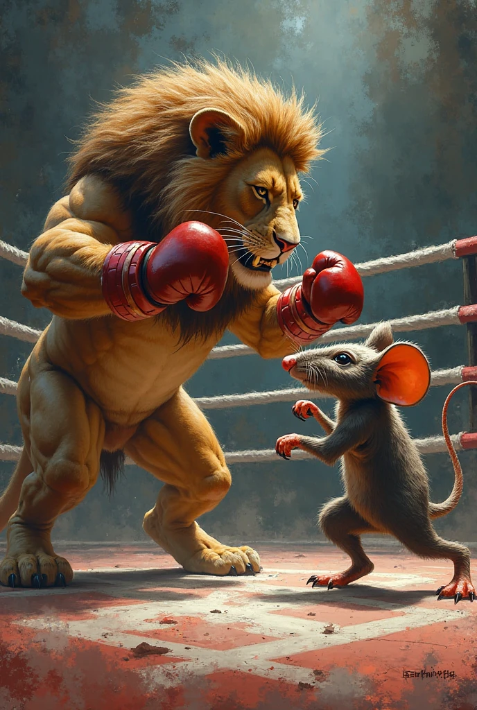 Bodybuilder hamster lifting a skinny cat with one paw in a fighting ring