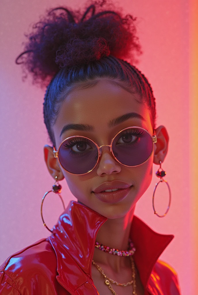 (best quality,4k,8k,highres,masterpiece:1.2),ultra-detailed,(realistic,photorealistic,photo-realistic:1.37), female 20 year old college student, tan-bronze skin with thin layer of freckles, long black hair with orange highlights, curly hair, amber colored eyes, (Wearing a yellow hoodie, black pencil skirt, glasses)