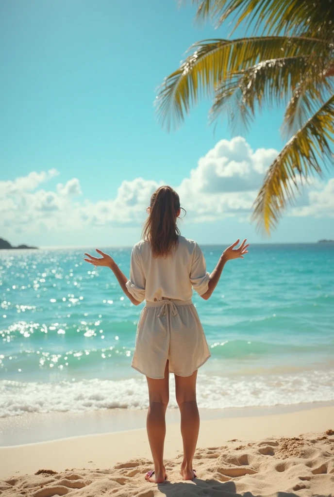 Towards the ocean waves、(Sunflower Hair Ornament)、A beautiful 22-year-old woman with short hair and long brown hair fluttering in the wind, ((Beach sandals))、, photographed from sitting、4 other women in bikini swimwear, the best proportions, (big breasts:1.5), ((Summer Camp、tent、tarp、))、(((While watching the sunset,Writing in the sand)))、 Shot from behind、photorealistic, 4k, different hairstyles, facial variations.Reflecting your feet、