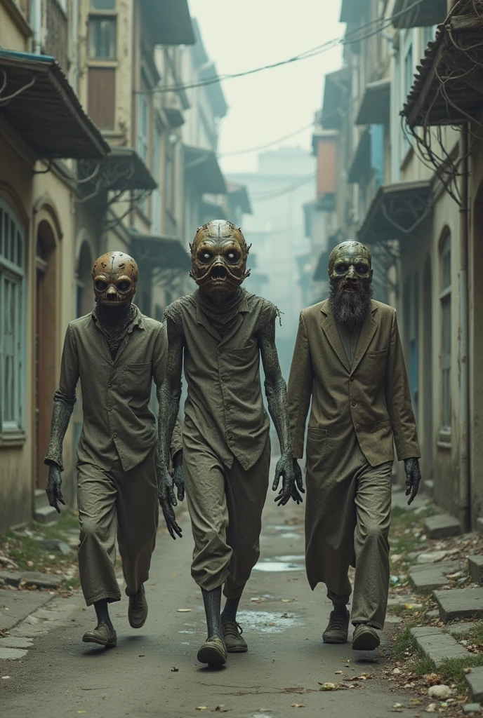 a group of creatures with a scary head, made from rigging, The Old Town, pastel shades, surreal atmosphere, RAW photo, granularity, Bird&#39;s-eye