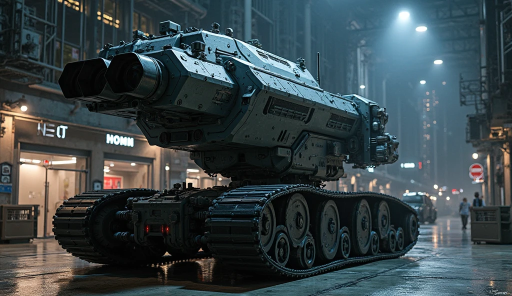 Large modern retro-Soviet dieselpunk style tank, gray color with purple details, low light, night light, destroyed pavement, fire, smoke, ultra realistic, Ultra detailed, Hyper realistic, 4k, Ultra detailed image, realistic, Highly detailed, perfect composition, beautiful intricately detailed incredibly detailed, 8K fine art photography, hyper detailed, Masterpiece