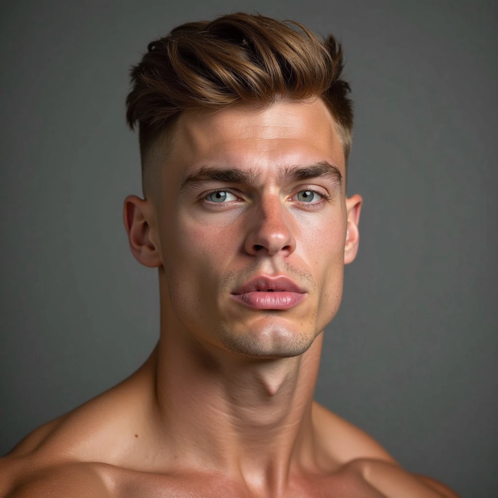 (best quality,4k,8k,highres,masterpiece:1.2),ultra-detailed,(realistic,photorealistic,photo-realistic:1.37),1 male model,albino skin color,red hair, short red hair, showing armpits,sexy pose,serious face,slim muscular build, model is 17 years old, thick and strong bíceps, front fase photo