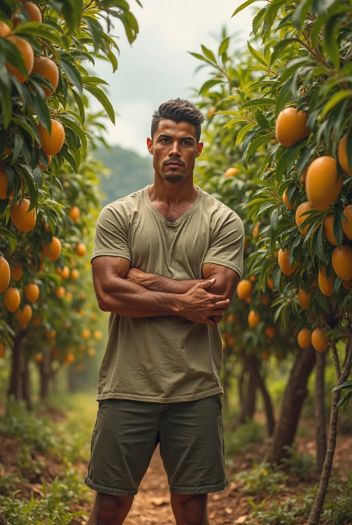 realistic, masterpiece, complex parts, detailed background, depth of field, Cinematic, muscular, pectoral muscles, Photo of a handsome man (Latin American), wear nothing, completely naked, Agriculture, greenhouse, Barrels, bushels of fruits and vegetables, Sun Ray, (smile:0.7), filthy, sweaty, Looking at the viewer,