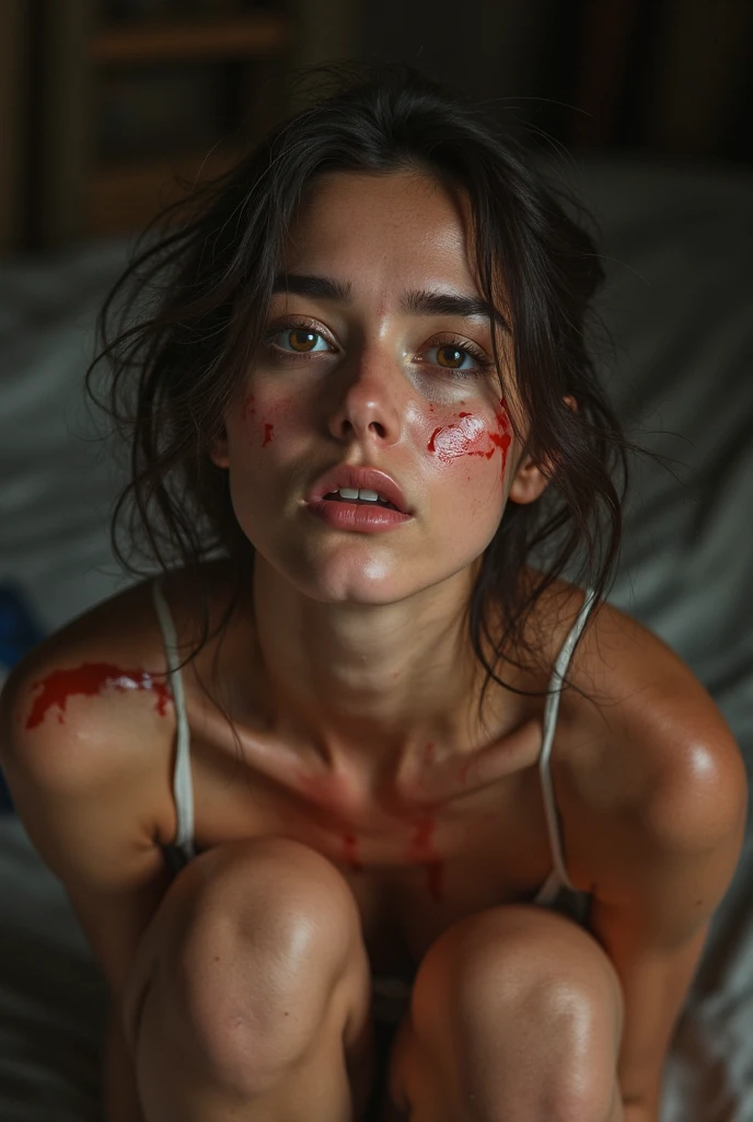 Woman, long brown hair and black eyes, with several bruises on his face and body, in your room