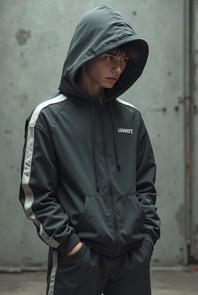 One muscular boy、ash hoodie、Black Bike micro thong、ligh brown hair、Carl Bob