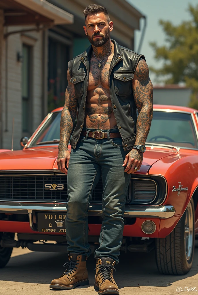 Young tattooed brown-haired man, black Corvette C5