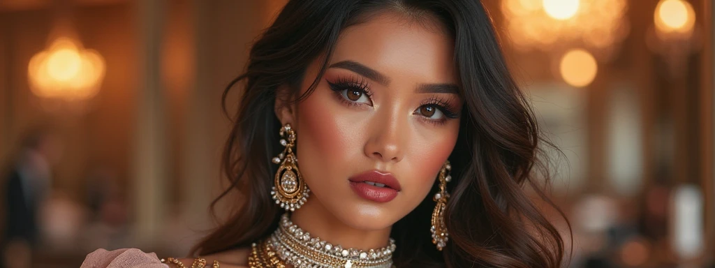(best quality,highres),sexy woman with thick, braided hair, lustful gaze, and sultry pose, emphasizing her intense sensuality. Her face has beautifully defined features, including long eyelashes and plump lips. Her medium-sized chest is accentuated by a revealing crop top, drawing attention to her alluring cleavage. Her hands rest confidently on her curvy hips, exuding a sense of power and allure. She is dressed in a fashionable miniskirt, adding to her seductive appeal. The image captures her irresistible confidence and magnetism.
For the background, a dimly lit, atmospheric setting amplifies the woman's enchanting presence. Soft, warm lighting casts an inviting glow on her feminine silhouette. The color palette consists of rich, deep shades, accentuating her captivating beauty. The image exudes a seductive and glamorous aura, capturing the viewer's attention and leaving a lasting impression.
Medium: Photorealistic portraits
Additional details: Smoky eye makeup, perfectly manicured nails, high heels, striking accessories such as statement earrings or a delicate necklace.