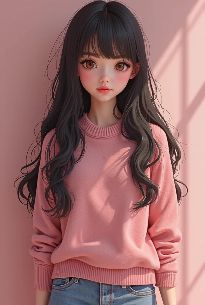 A girl, of short stature, with long black hair down to her back, green eyes, a long pink sweater, and a skirt of the same color ,small breasts, medium rear, good thighs