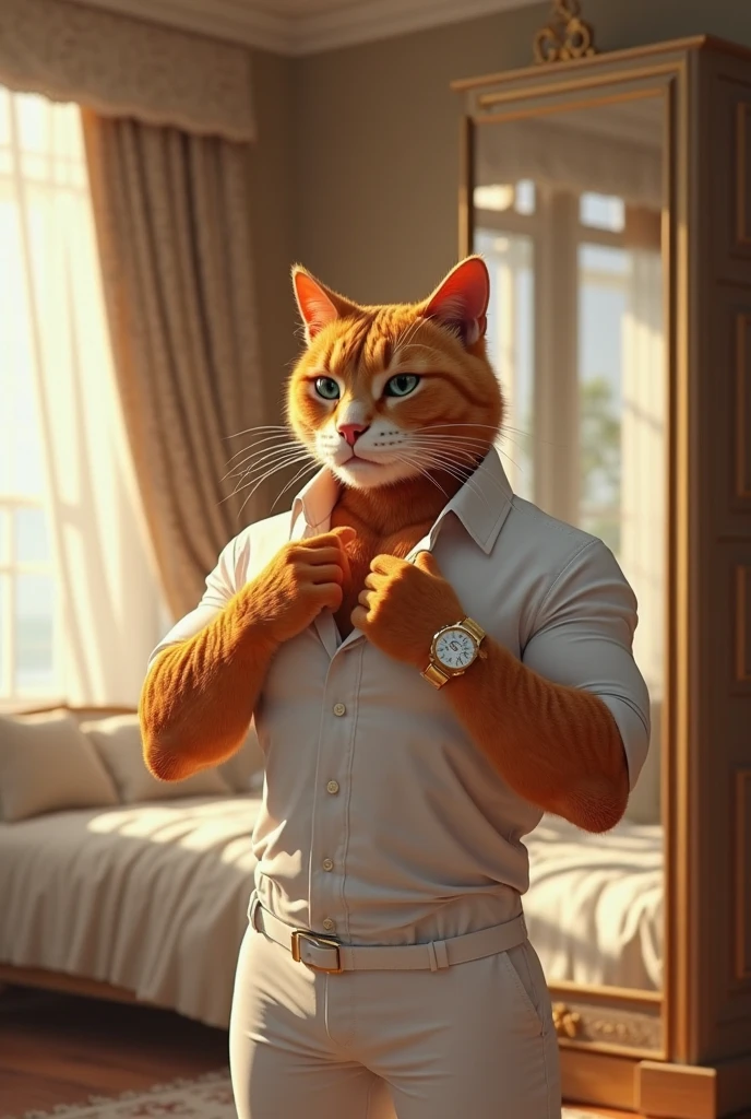 Ek ginger muscular cat jisne white shirt and pent pehni h wo phone par serious hokar bat krte huye seen night h or bulb jal rha h