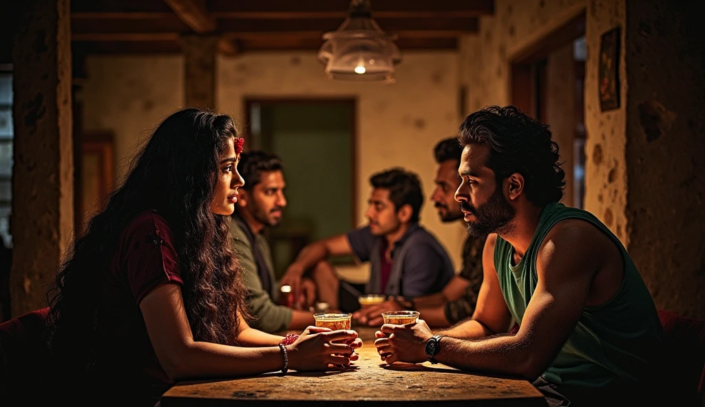 Indian woman with long black hair, Indian woman with black hair in a bun, Man with black hair and beard, Black haired man with no beard. Four people are sitting at a comfortable tavern table playing a role-playing game, （Woman on the left invites you to join the game，Left hand extended towards the camera），Board Game Cover Art, , Card game poster, Roleplaying Art, Fantasy card game art, epic Fantasy card game art, Cinema-grade quality, Warm atmosphere